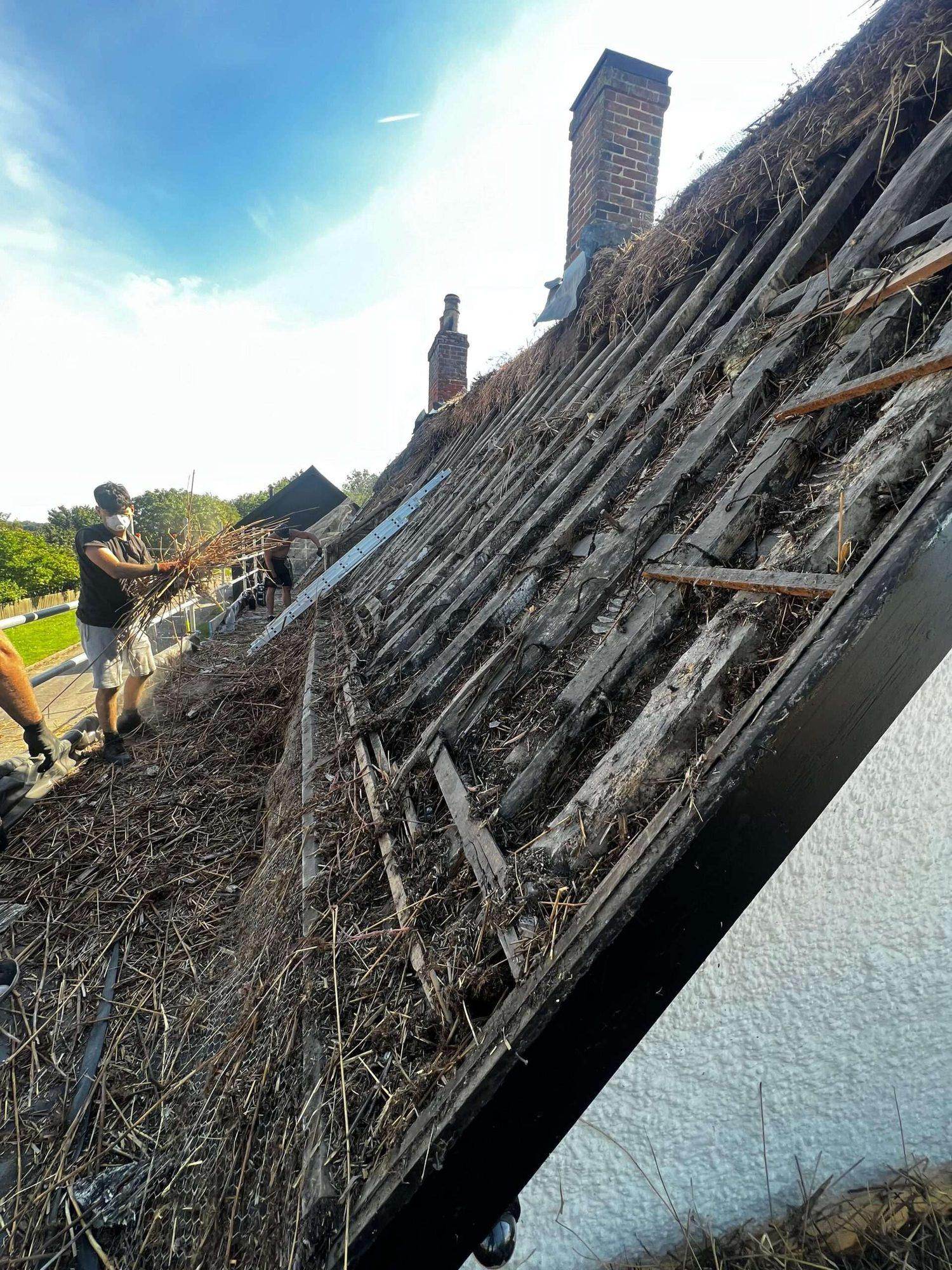 Roofer stripping an old thatched roof back to the timbers